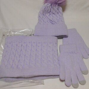 NEW girls purple 3 piece set Gloves, beanie hat Neck scarf fleece lining OSFM 👸